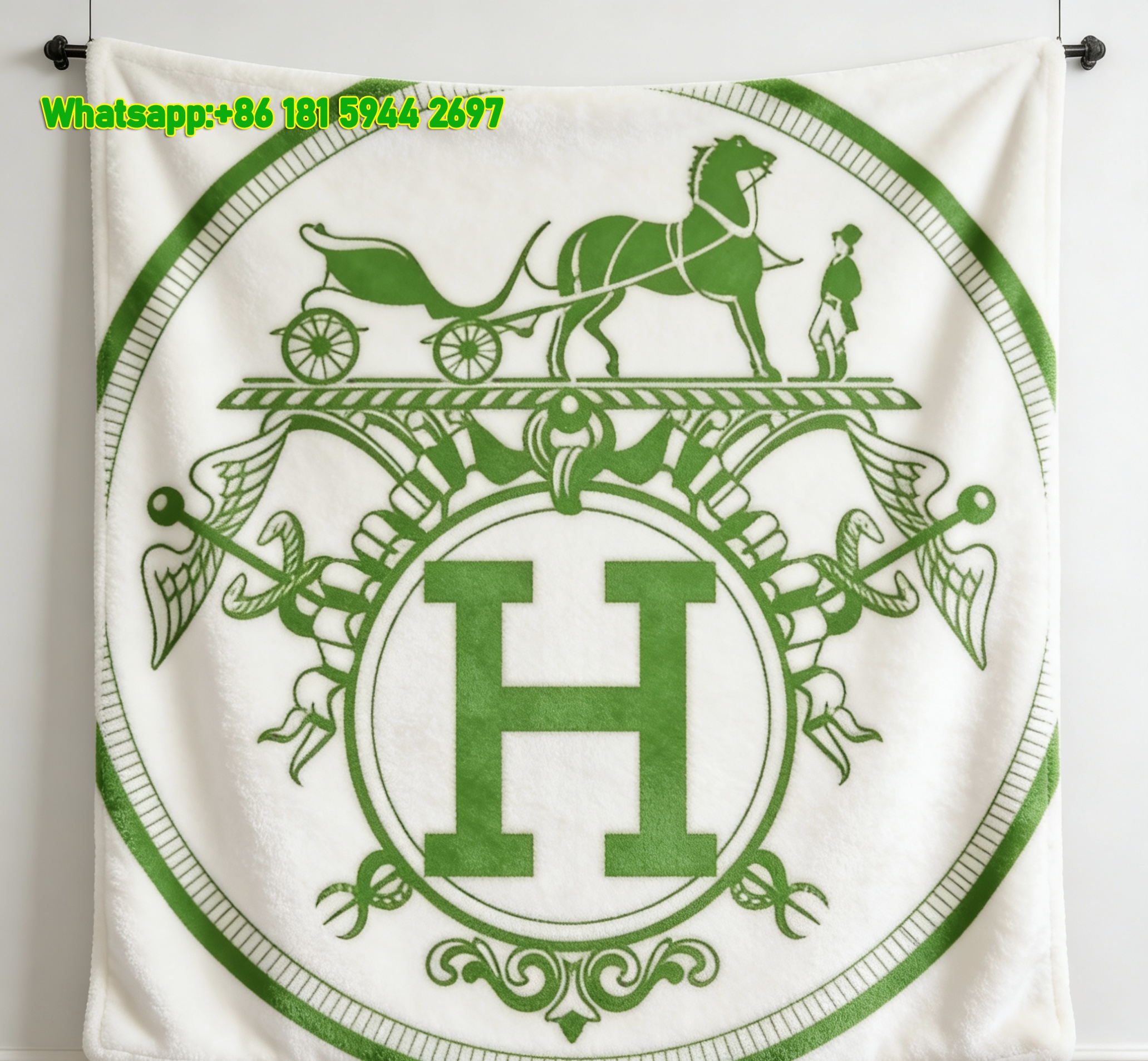 Hermès Green Circular H Logo Horse Carriage Flannel Throw Blanket IMG_5104
